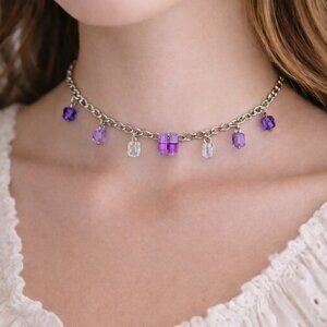 Y2K 2000s Handmade Silver-Tone Pink & Purple Crystal Bead Choker with Clasp